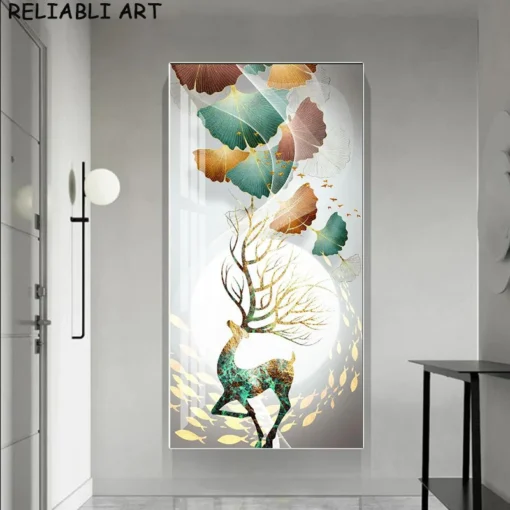 Modern Luxury Home Decor Canvas Painting, Golden Ginkgo Biloba Leaves Feather Abstract Art Pictures Print Entrance Decorations - Image 4