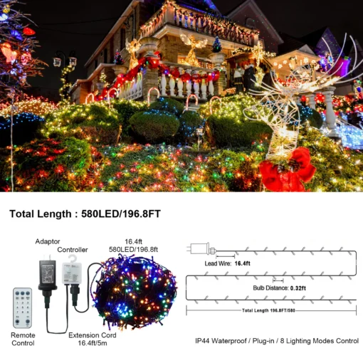Christmas Lights Outdoor, 197 FT 580 LED Christmas Decorations Lights/Waterproof String Fairy Lights Plug in with 8 Modes and Ti - Image 3