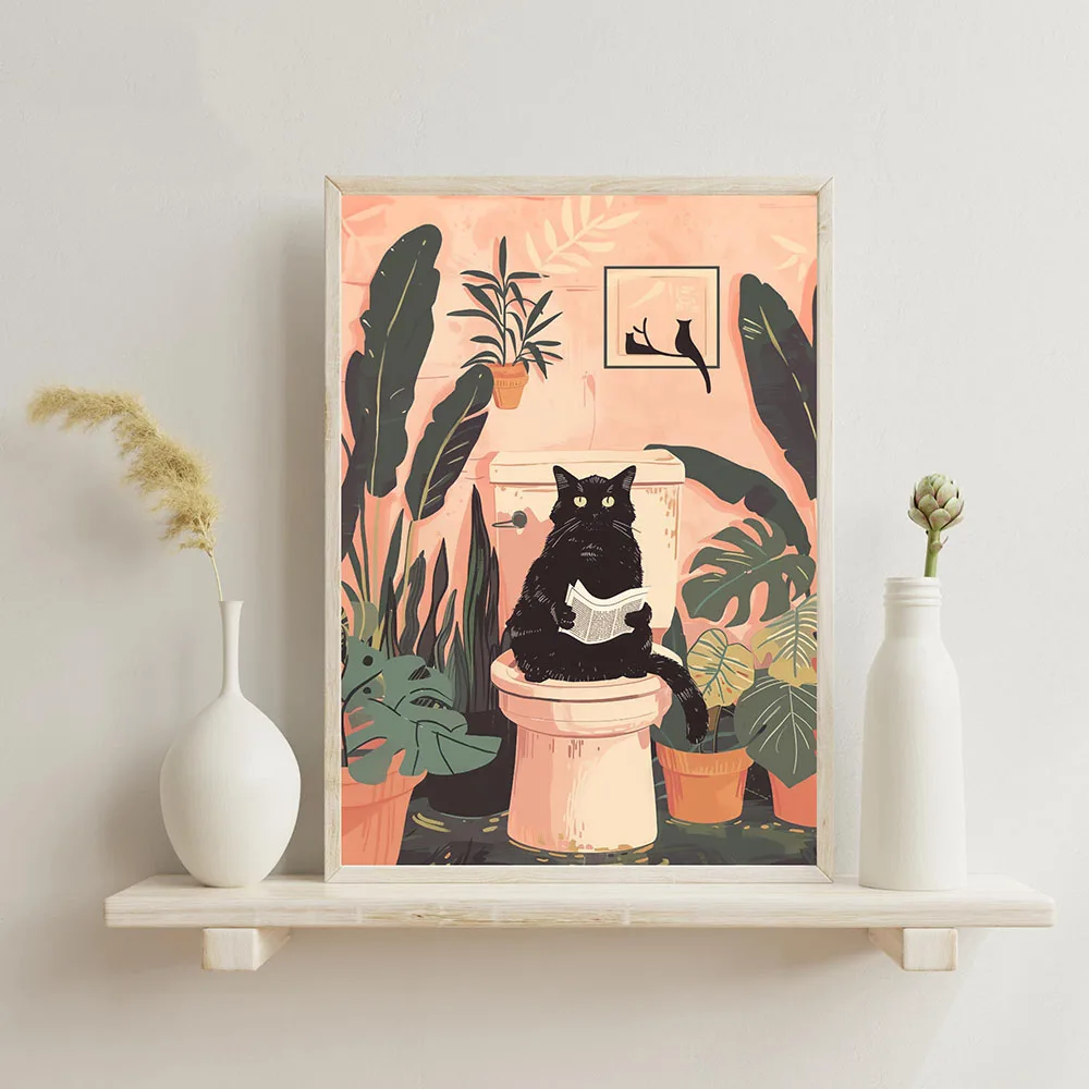 Funny Black Cat On The Toilet Reading Poster Animal Bath Prints Canvas Painting Wall Art Pictures for Toilet WC Bathroom Decor - Image 2