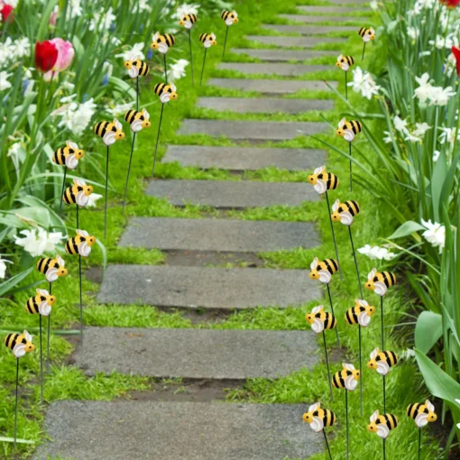 10PCS Resin Bee Ladybugs Silk Daisy Garden Stakes, Outdoor Yard Ornaments, Flower Pot Lawn Patio Decoration Insertion Rod - Image 2