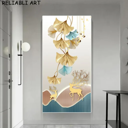 Modern Luxury Home Decor Canvas Painting, Golden Ginkgo Biloba Leaves Feather Abstract Art Pictures Print Entrance Decorations - Image 3